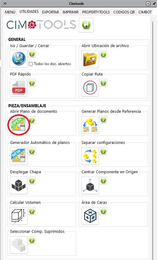 Función Abrir plano de documento de CIMTOOLS para SolidWorks