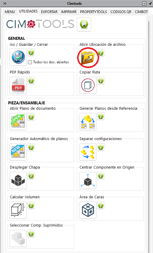 Función Abrir ubicación de archivo de CIMTOOLS para SolidWorks