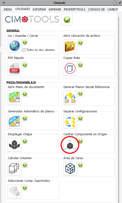 Función Centrar componente en el origen de CIMTOOLS para SolidWorks