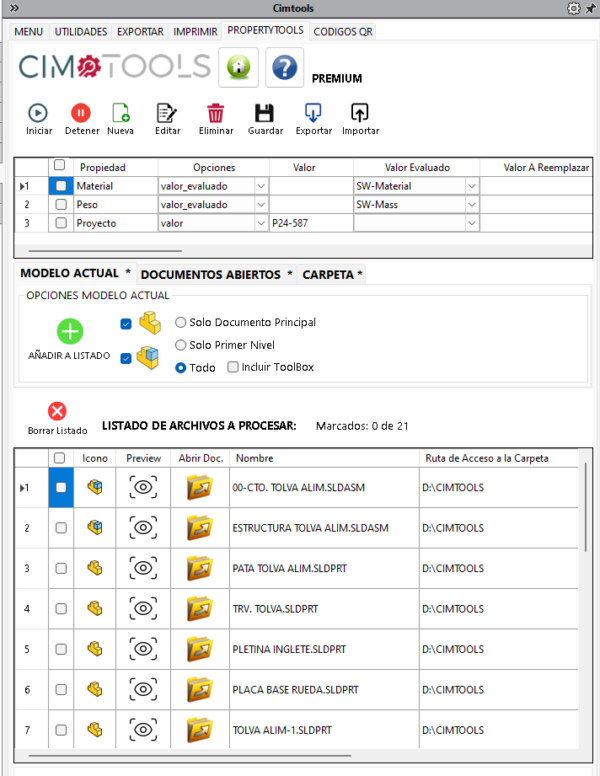Función PropertyTools de CIMTOOLS para SolidWorks