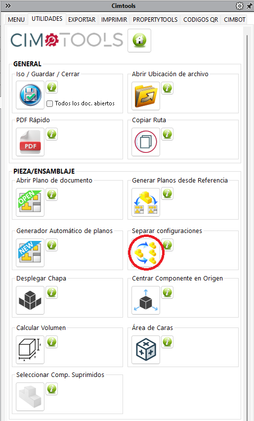 Función Separar configuraciones de CIMTOOLS para SolidWorks